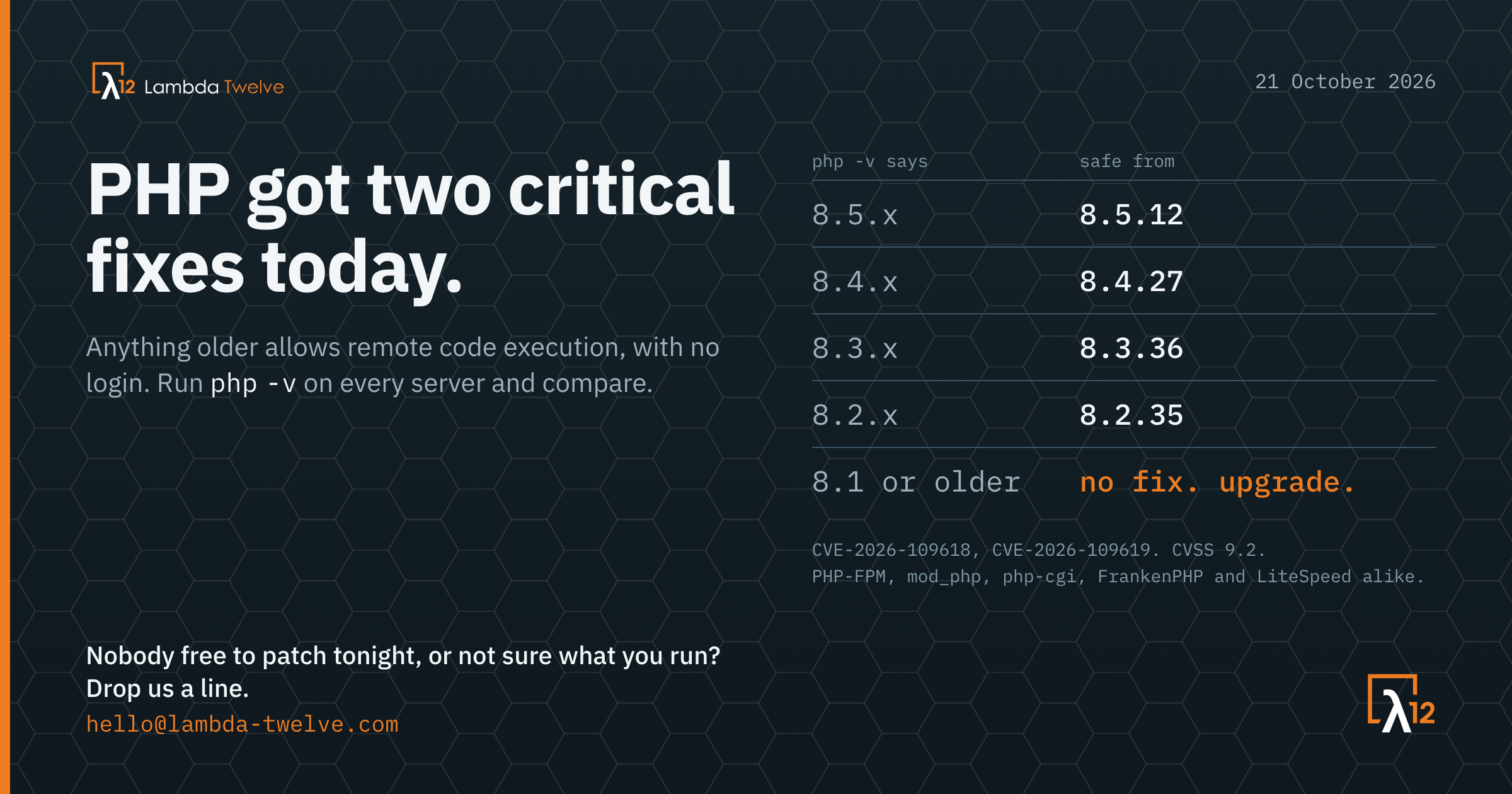PHP got two critical fixes today. A table of PHP branches and the first safe release of each: 8.5.12, 8.4.27, 8.3.36, 8.2.35; 8.1 or older has no fix. Nobody free to patch tonight? Drop us a line: hello@lambda-twelve.com